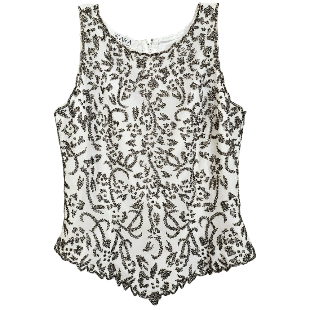 Vintage JKARA Soft White with Pewter/Silver Beaded Sleeveless Scalloped Edge Top